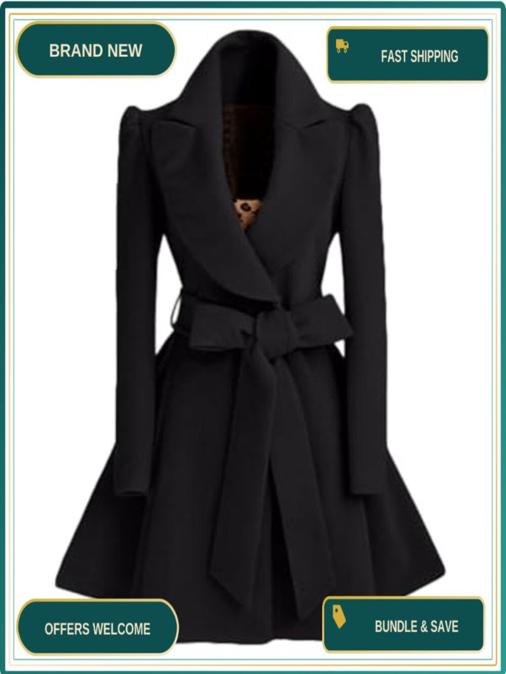 Women's Double Breasted Wool Blend Trench Coat Belted A Line Peacoat